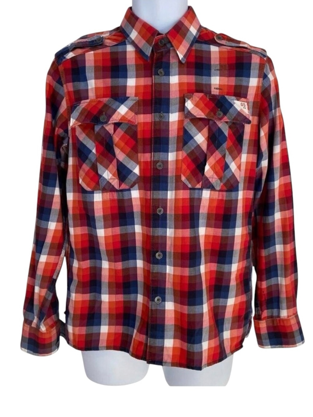 G-Star Raw Men’s Red Blue Plaid Button-Up Shirt Epaulets Size M Streetwear